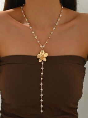 Gold Pearl Floral Lariat Necklace - Women's Jewelry